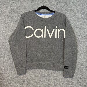 Calvin Klein Sweatshirt Womens Small Gray Fleece Logo Spellout Cropped Casual
